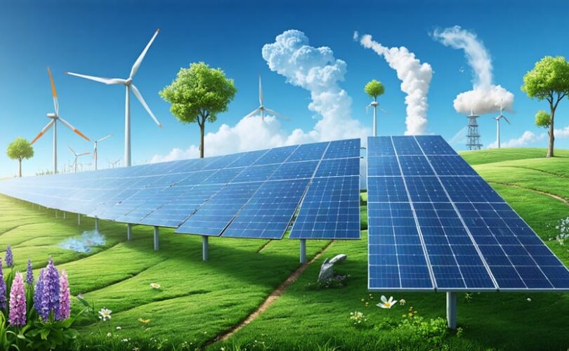 A conceptual illustration showing the synergy of solar panels, wind turbines, hydroelectric dams, and geothermal steam working together as part of a comprehensive renewable energy system.