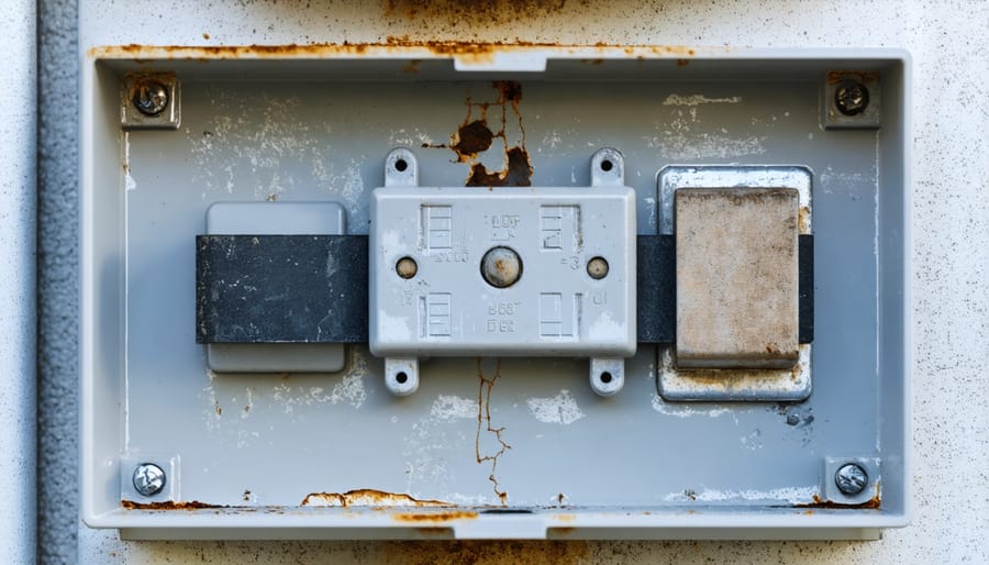 Detailed view of damaged solar junction box showing corroded terminals, cracked housing, and loose connections