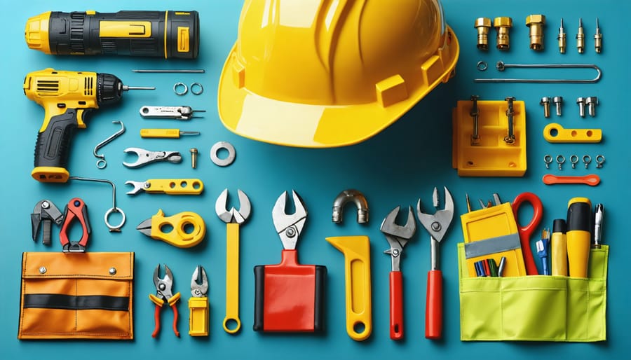 Organized display of safety gear including insulated gloves, multimeter, screwdrivers, and sealants for solar junction box repair