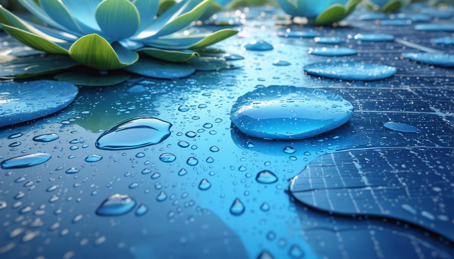 Computer visualization of water droplets rolling off bio-inspired solar panel surface
