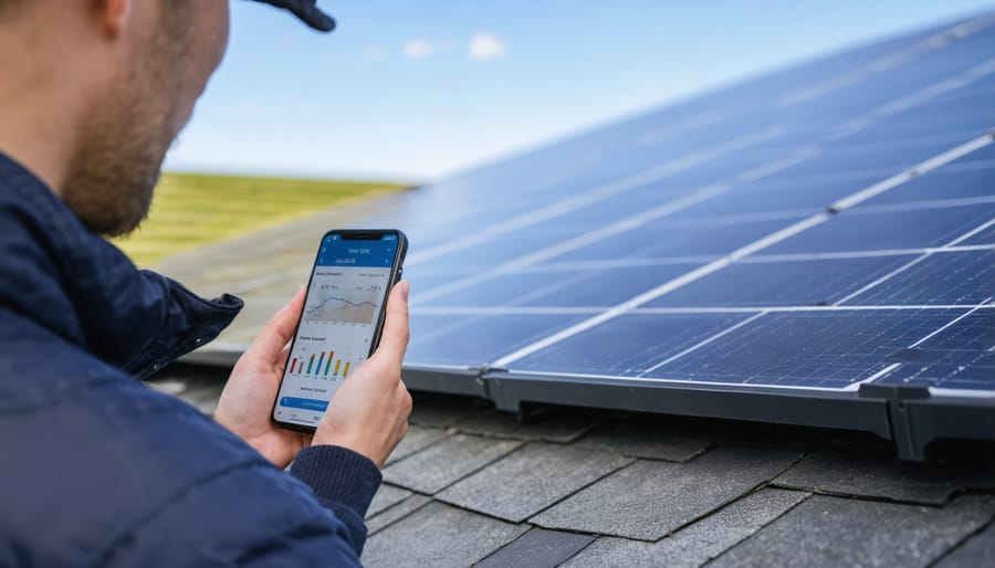 Homeowner using solar assessment mobile app to measure roof orientation and shading