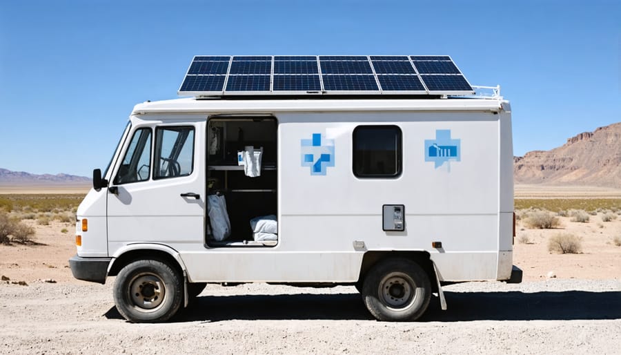 Mobile healthcare unit with solar panels on roof providing medical services in rural area