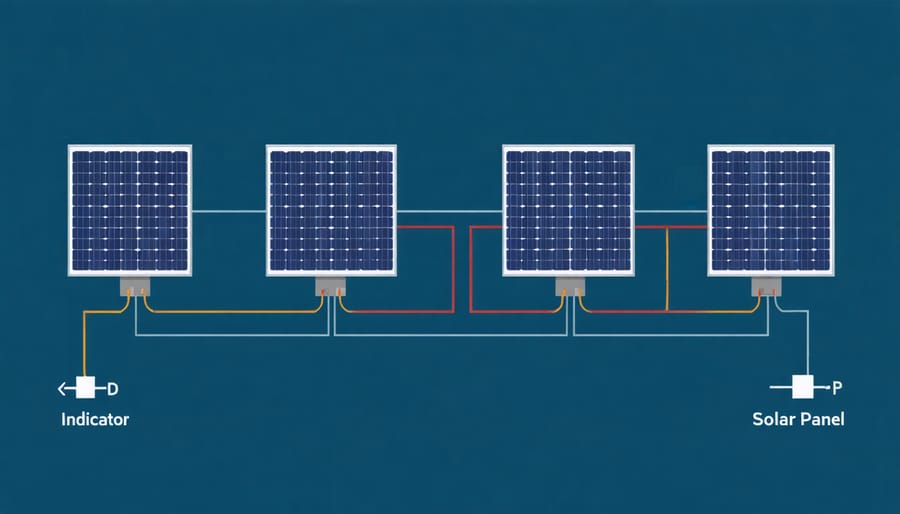 Technical diagram illustrating parallel connection of four solar panels with electrical specifications