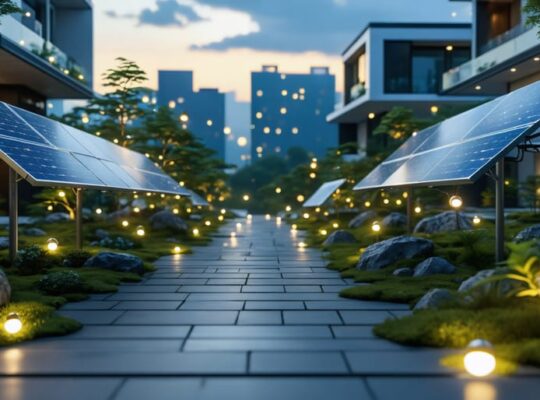 Futuristic cityscape illuminated by adaptive solar-powered lights, featuring integrated solar panels and seamless home automation technology.