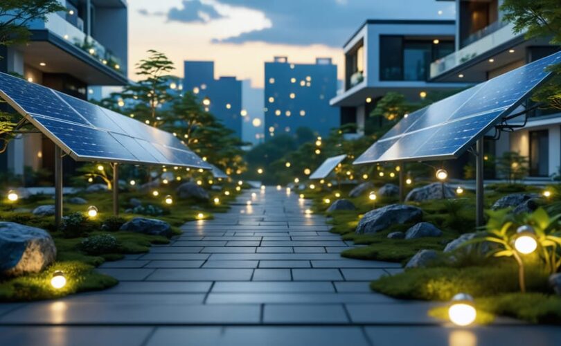 Futuristic cityscape illuminated by adaptive solar-powered lights, featuring integrated solar panels and seamless home automation technology.