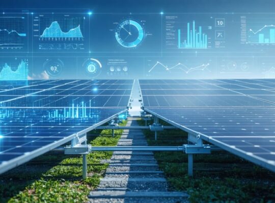 Conceptual image illustrating solar panels with digital analytics overlay, showcasing predictive maintenance data insights like temperature and voltage metrics.