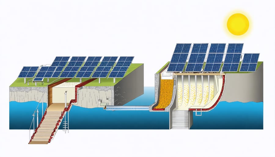 Diagram showing water reservoir system for energy storage connected to solar panels