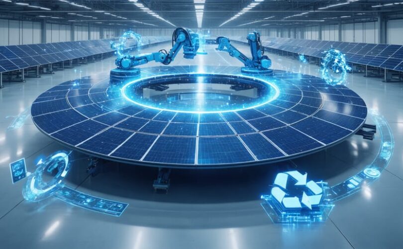 High-tech solar panel recycling facility with advanced machinery disassembling and sorting end-of-life panels; robotic arms and AI interfaces prominently featured, illustrating a circular economy process.