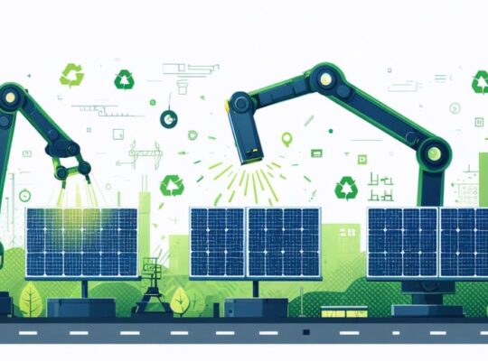 Conceptual illustration showing robotic arms and gears dismantling solar panels, with circuit patterns and blockchain symbols signifying technological breakthroughs in solar panel recycling.