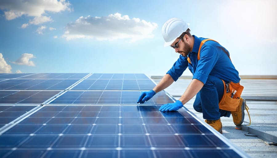 Professional solar technician using digital shade analysis equipment to assess roof conditions