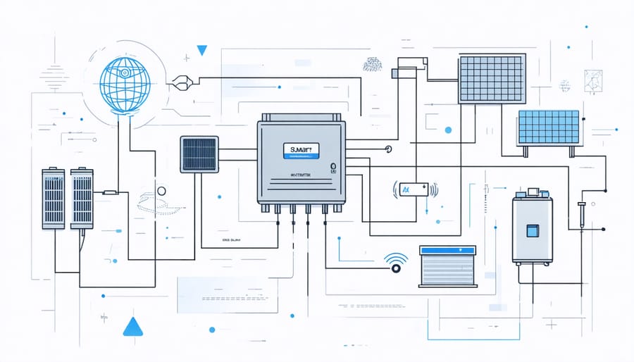 Detailed technical diagram showing smart inverter components and battery storage connection to grid