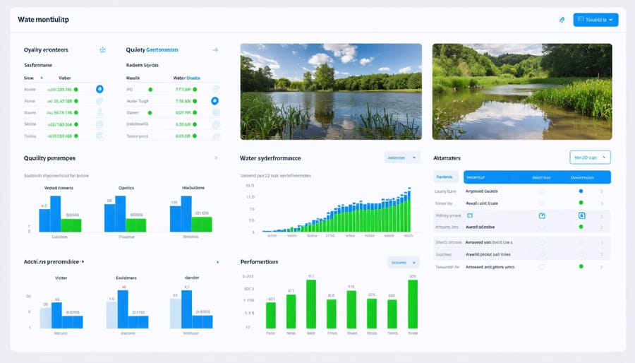 Digital interface displaying water quality metrics, energy production, and system efficiency data