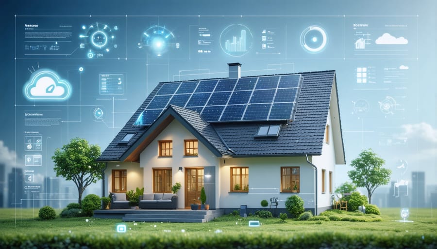 Mobile app dashboard displaying solar energy production and smart home controls