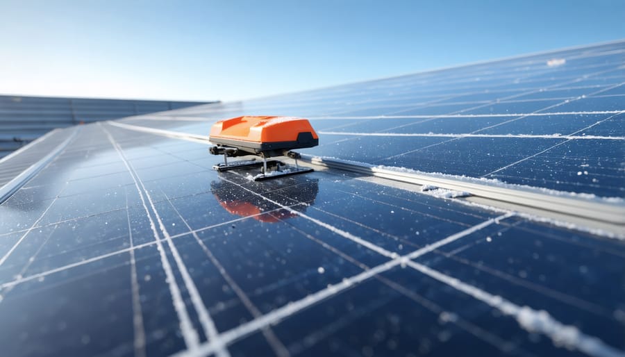 Snow removal mechanism actively clearing accumulation from solar panels in arctic conditions