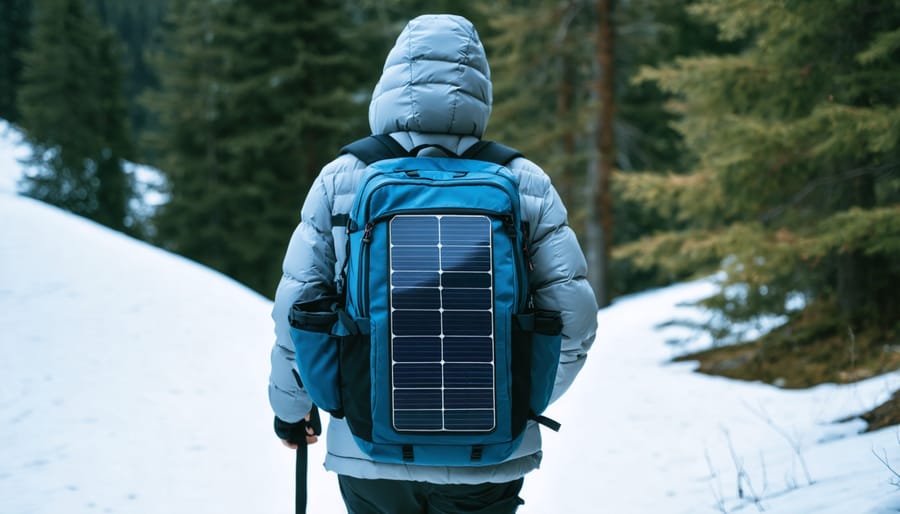 Hiker wearing a backpack with built-in solar panels charging a mobile device