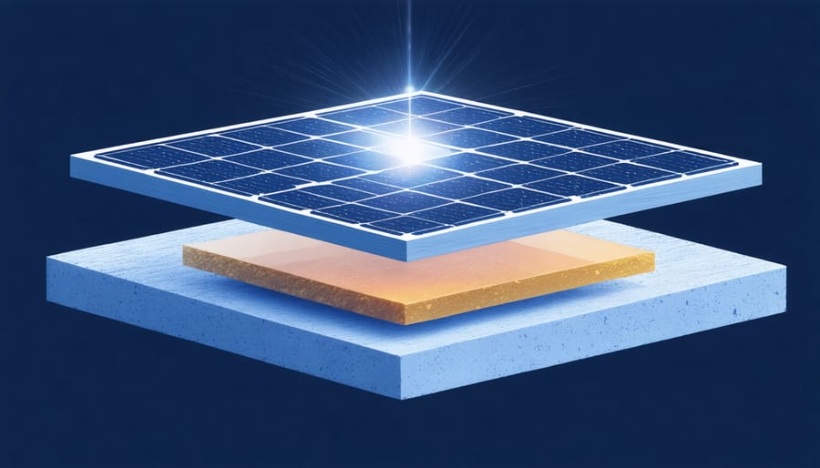 Technical illustration of solar cell components including photovoltaic layers and electrical connections
