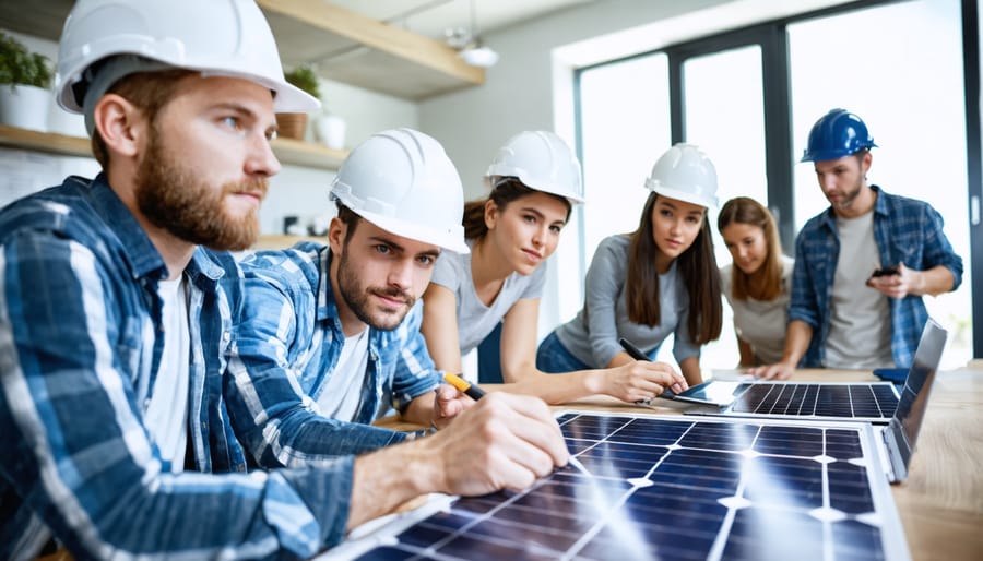 Multi-ethnic group participating in solar industry professional development training