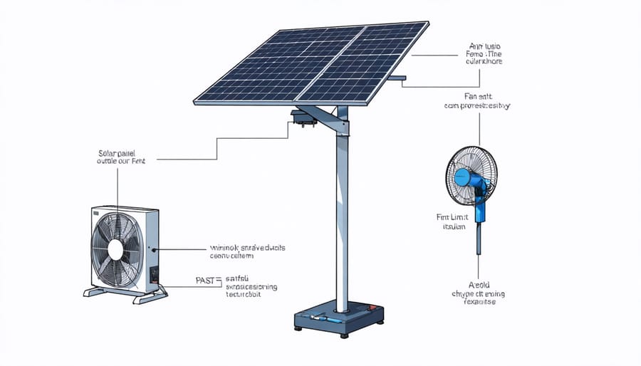 Technical diagram illustrating the main components and connections of a solar-powered outdoor fan system