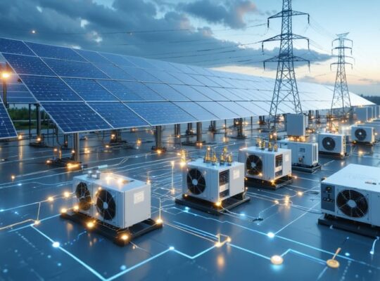 Conceptual illustration depicting a smart grid integration with solar panels, advanced inverters, and energy storage systems, highlighting renewable energy in a futuristic setting.