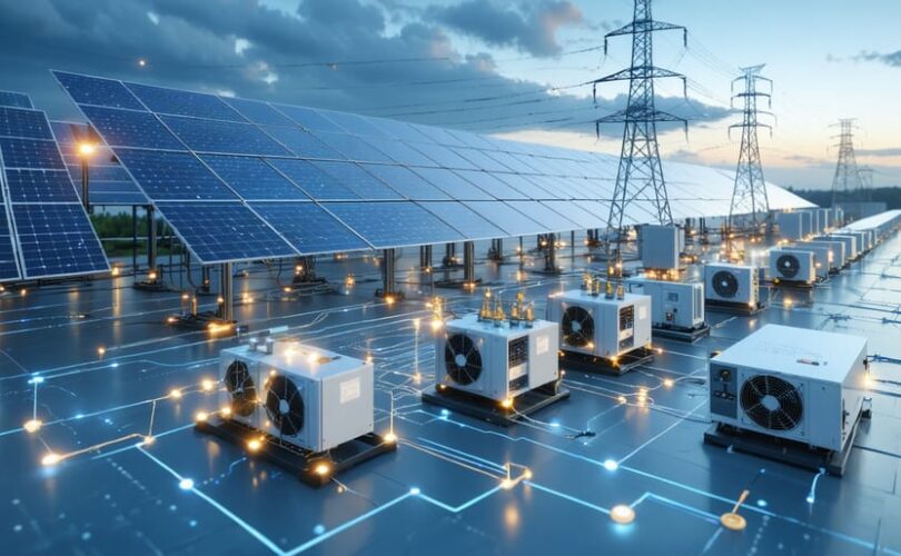 Conceptual illustration depicting a smart grid integration with solar panels, advanced inverters, and energy storage systems, highlighting renewable energy in a futuristic setting.