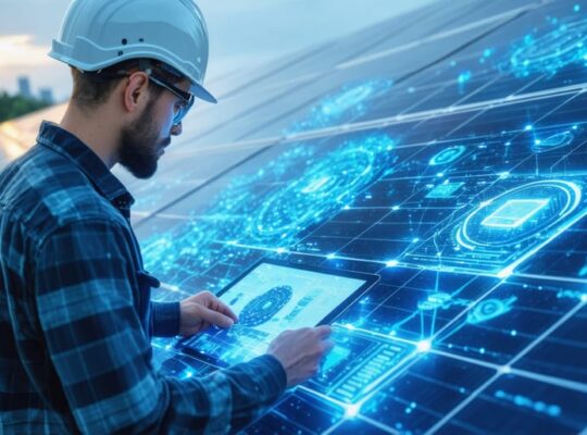 A futuristic landscape of solar infrastructure featuring interconnected solar panels and advanced monitoring systems in an urban setting, symbolizing the balance between technology, reliability, and safety in modern solar energy solutions.