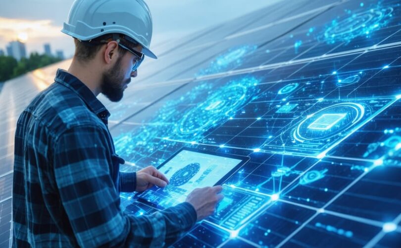 A futuristic landscape of solar infrastructure featuring interconnected solar panels and advanced monitoring systems in an urban setting, symbolizing the balance between technology, reliability, and safety in modern solar energy solutions.