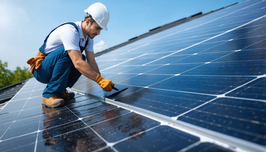 Solar panel installer demonstrating proper mounting and waterproofing techniques on a roof