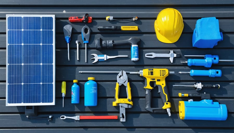 Comprehensive layout of professional solar installation tools and equipment
