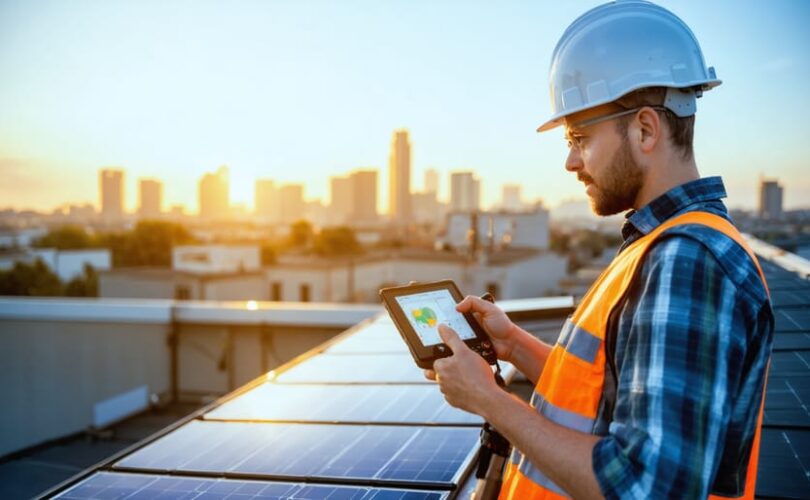 An experienced solar technician on a rooftop using advanced digital solar analysis tools, with the sun shining in the background, demonstrating mastery of intuitive and technical expertise in solar installation.