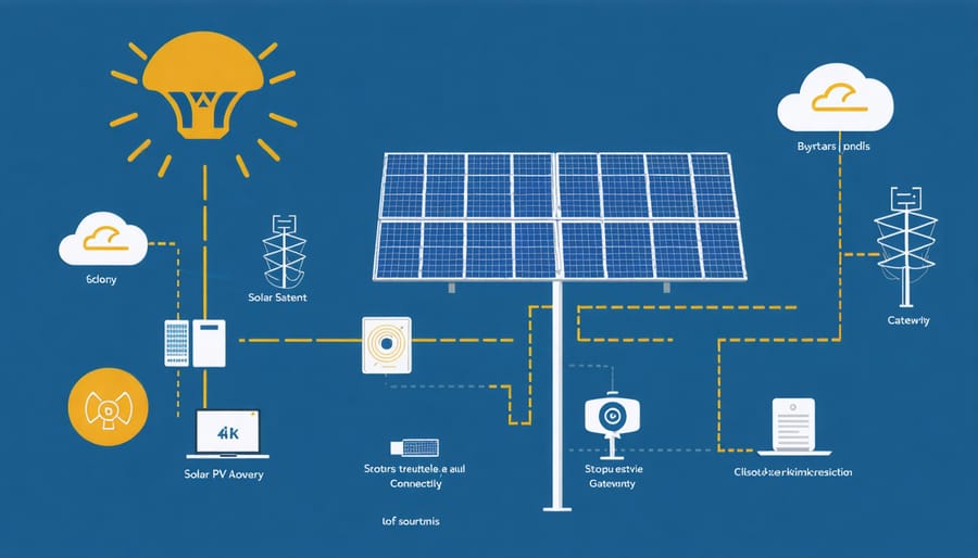 Architectural diagram of IoT components integrated with solar panels, showing data flow and communication paths