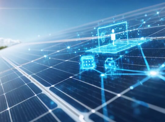 Illustration depicting the integration of Internet of Things (IoT) technology with solar power systems, showcasing solar panels with smart sensors and digital data streams representing real-time monitoring and optimization.