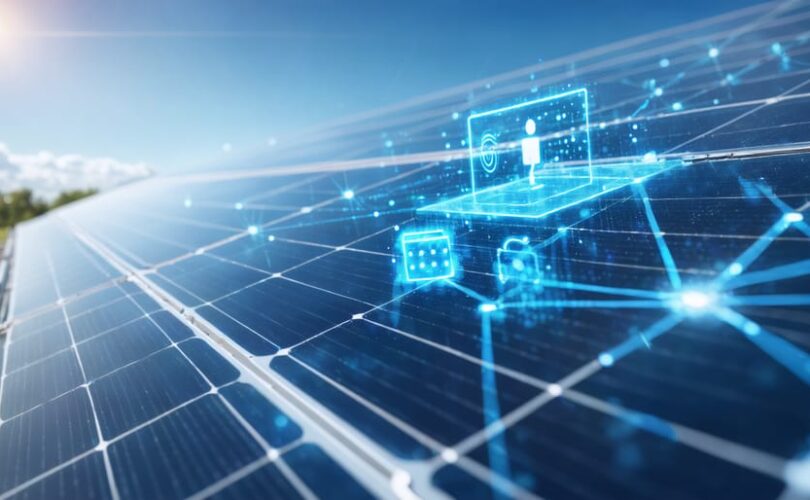 Illustration depicting the integration of Internet of Things (IoT) technology with solar power systems, showcasing solar panels with smart sensors and digital data streams representing real-time monitoring and optimization.