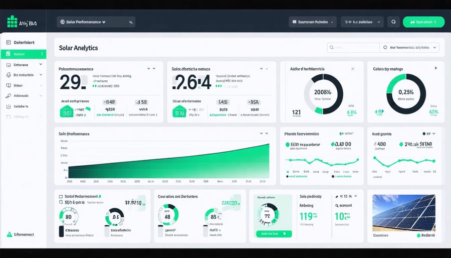 Solar monitoring dashboard displaying power generation graphs, system health indicators, and performance analytics