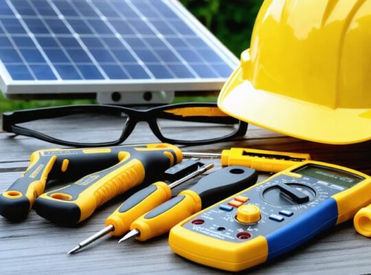 An organized display of essential tools and safety equipment for solar panel junction box repair, featuring insulated gloves, multimeter, screwdrivers, and protective eyewear.