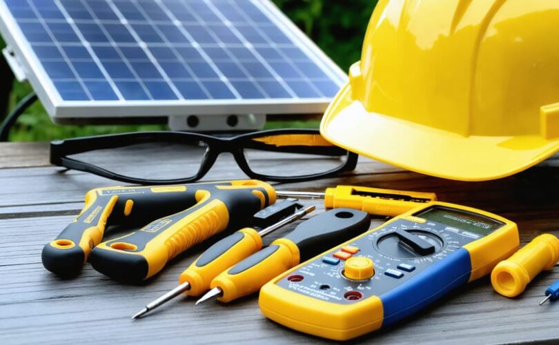 An organized display of essential tools and safety equipment for solar panel junction box repair, featuring insulated gloves, multimeter, screwdrivers, and protective eyewear.