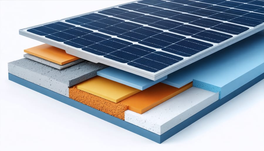 Labeled diagram showing different materials and layers within a photovoltaic solar panel