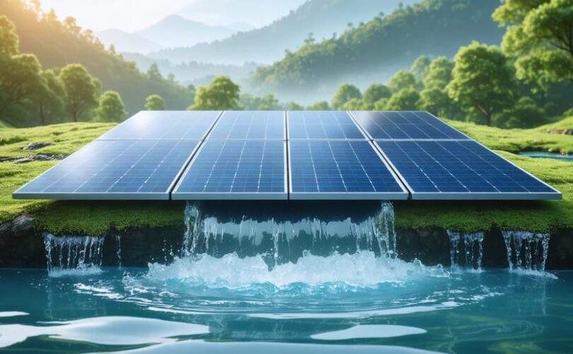 Conceptual illustration of a solar panel integrated into a natural landscape with clean water flowing, representing the harmony between solar technology and water safety.