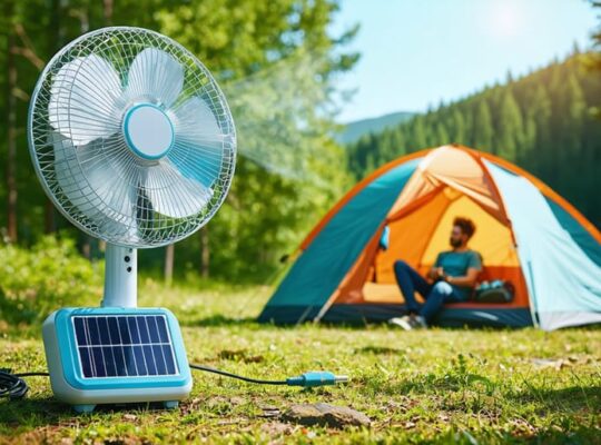 Illustration of a solar-powered outdoor fan in use at a campsite, with solar panels absorbing sunlight. A camper relaxes nearby, enjoying the refreshing breeze, surrounded by nature.