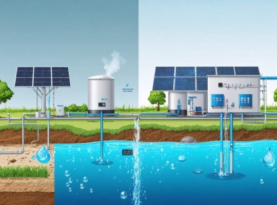 Split-screen illustration showing the contrast between a traditional water treatment facility and a modern solar-powered e-water system, highlighting the advanced technology and sustainability of the latter.