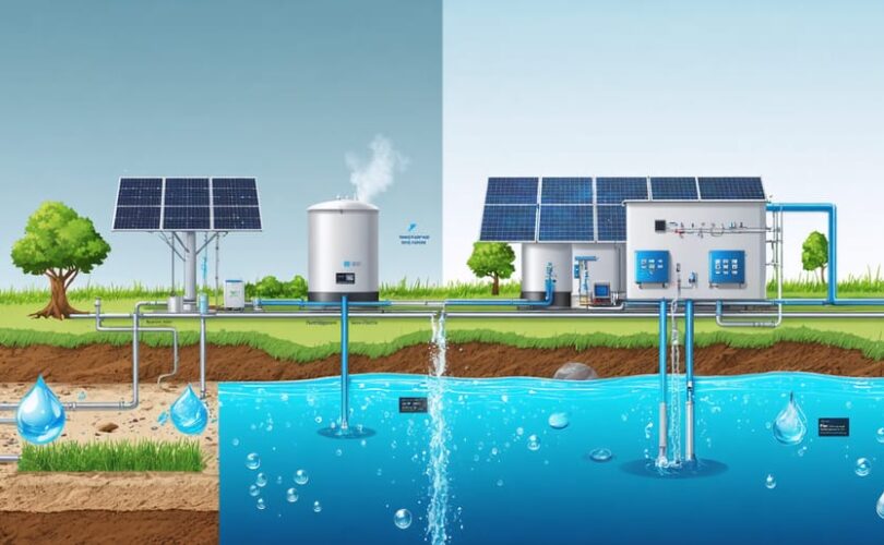Split-screen illustration showing the contrast between a traditional water treatment facility and a modern solar-powered e-water system, highlighting the advanced technology and sustainability of the latter.