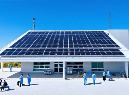 A contemporary healthcare facility in a rural setting, featuring photovoltaic solar panels on the roof, with medical staff and patients depicted, highlighting sustainable and innovative healthcare delivery.