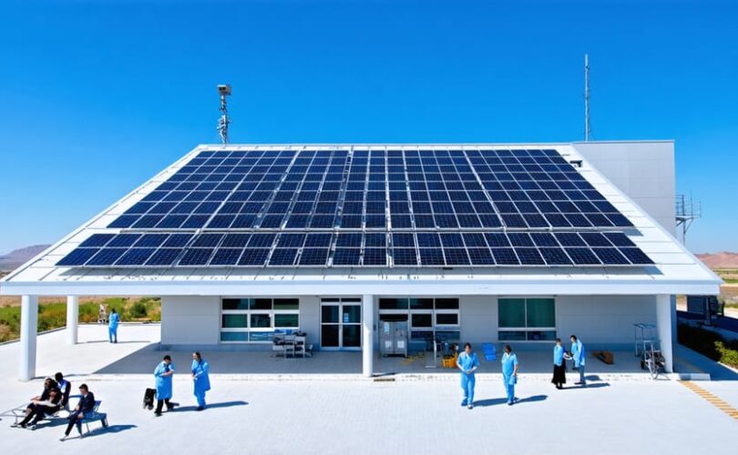 A contemporary healthcare facility in a rural setting, featuring photovoltaic solar panels on the roof, with medical staff and patients depicted, highlighting sustainable and innovative healthcare delivery.
