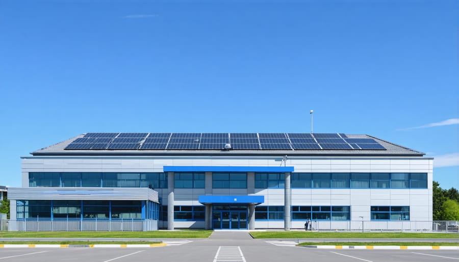 Large medical facility featuring extensive solar panel installation on its roof