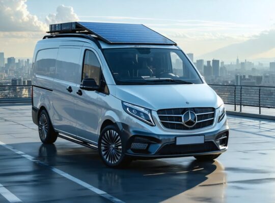 A solar-powered commercial van with roof-mounted solar panels operating in a city environment, illustrating the integration of sustainable technology in urban transportation.