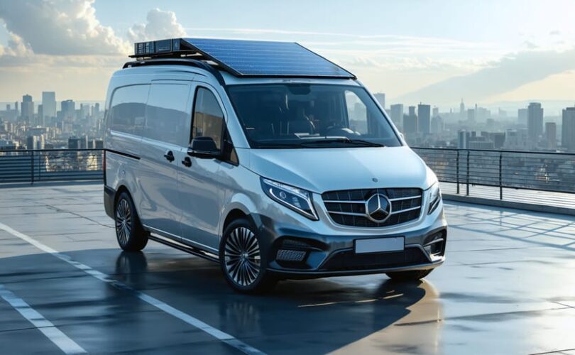 A solar-powered commercial van with roof-mounted solar panels operating in a city environment, illustrating the integration of sustainable technology in urban transportation.