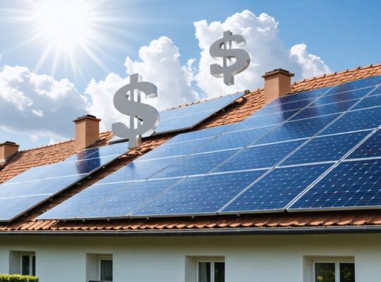Conceptual illustration of a sunny neighborhood with solar-equipped rooftops, highlighting tax credit savings through sun rays with integrated dollar signs.