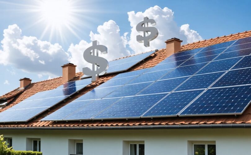 Conceptual illustration of a sunny neighborhood with solar-equipped rooftops, highlighting tax credit savings through sun rays with integrated dollar signs.