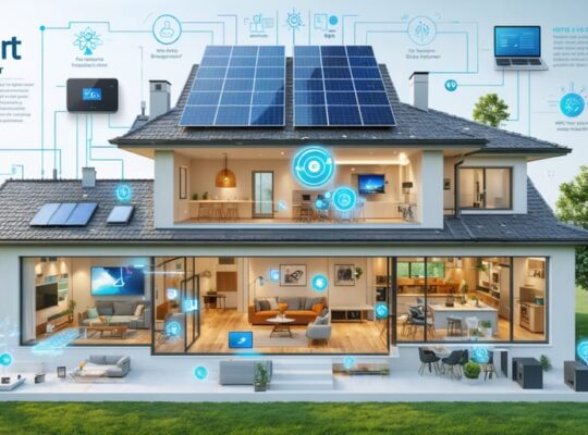 Infographic showcasing the interaction between solar panels, a smart inverter, a home battery, and smart home devices in a modern home. The image emphasizes seamless energy integration and management within smart home systems.