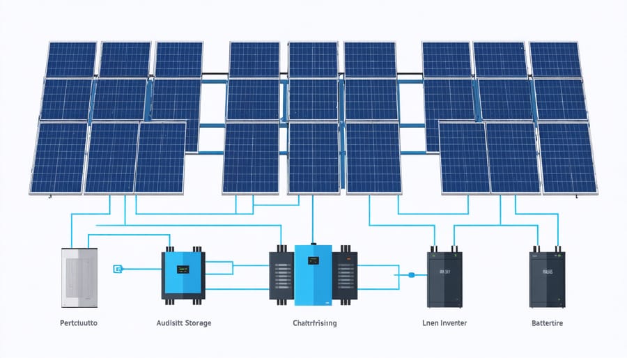 Technical illustration of solar PV storage system components and their interconnections