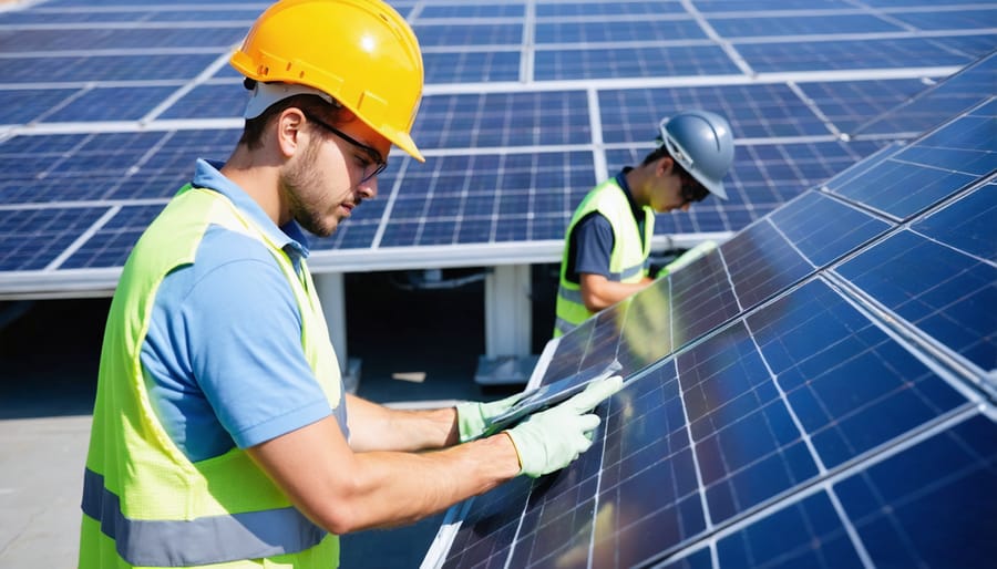 Group of diverse students practicing with solar equipment in a training laboratory